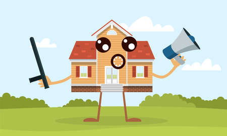 Home defense. House mascot with baton and loudspeaker. Residential property protection and safety concept. Building defender character with cute face expression. Vector secure cottageのイラスト素材
