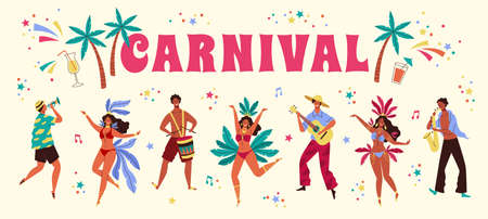 Brazil carnival. Big heading word and happy festive people dancers and musicians, holiday tropical elements drinks and palms. Women and men in costumes with feathers and leaves, vector conceptのイラスト素材