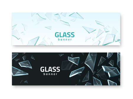 Broken glass banners. Realistic crash fragments, transparent sharp details, different shapes 3D pieces, fractured window pieces. Black and white horizontal background vector setのイラスト素材