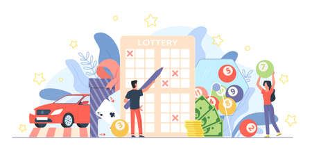 Lottery people. Gambling game. Guessing numbers and random winner selection. Cartoon man fills out ticket. Happy woman pulls out balls. Tiny players win money and car. Vector gamble conceptのイラスト素材