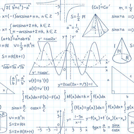 Seamless pattern math formulas. Exact school equations and functions, education, science, algebraic and geometric, doodles signs on white. Decor textile, wrapping paper, vector printのイラスト素材