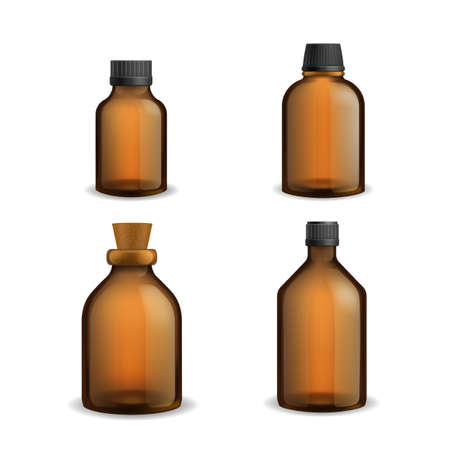 Bottles glass medical. Realistic brown blank transparent packaging with plastic cap, pharmacy syrup bottle 3d. Aromatherapy essential oil and cosmetic flasks different sizes vector setのイラスト素材