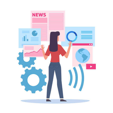 Selection of Internet resources. Woman choosing websites. Cartoon female searching web pages. Cute girl looking global news services and graphic analytic information. Vector conceptのイラスト素材