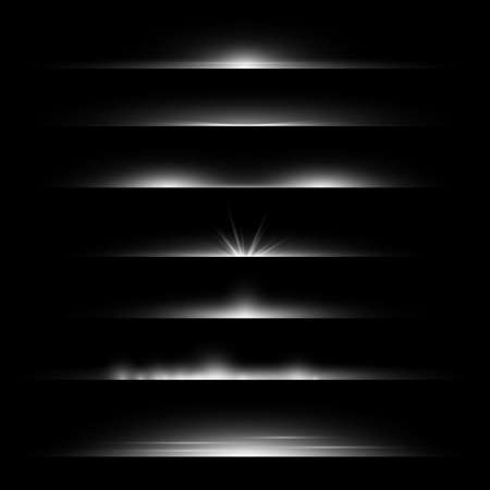 Line flare. Light dividers glowing borders, white horizontal beams. Futuristic transparent rays. Magic shimmer backdrop, stardust frame, silver decor vector realistic isolated setのイラスト素材