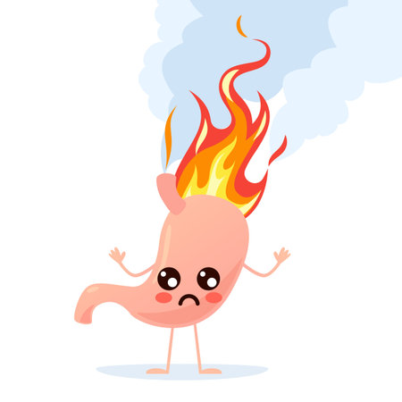 Heartburn and ulcer concept. Burning stomach. Human body part with red fire flame. Inflammatory organ with sad face, stomach ache symptom healthcare vector cartoon flat isolated illustrationのイラスト素材