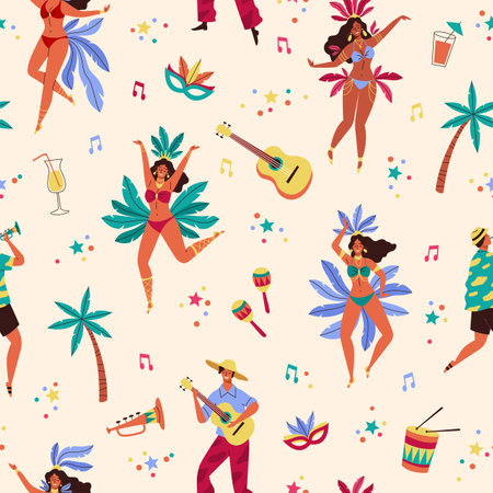 Seamless pattern brazil carnival. Rio music fest elements, dancing happy people, man with guitar and trumpet, samba holiday party. Decor textile, wrapping paper wallpaper vector modern printのイラスト素材