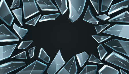 Broken glass frame. Realistic smashed window, shards with cracks random shapes, damage and destruction 3d effects. Damaged mirror triangular particles black background vector isolated conceptのイラスト素材
