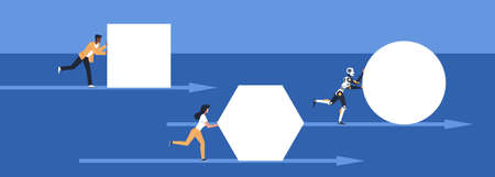 Robot pushing. Business people push geometric shapes, race with cyborg, integration innovative technology, work acceleration. Sport and career competition. Vector isolated conceptのイラスト素材