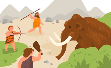 Stone age hunting. Ancient men chasing mammoth animal, angry caveman pursuit prey, neolithic prehistoric people with primitive weapons, bow and arrow, spear and club vector cartoon conceptのイラスト素材