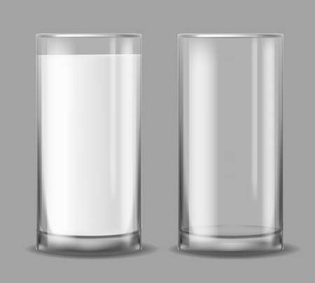 Empty and full milk glass. Realistic glasses with white liquid. Cup with yogurt or kefir, morning dairy beverage organic product, diet or kids nutrition, cooking ingredient, vector setのイラスト素材