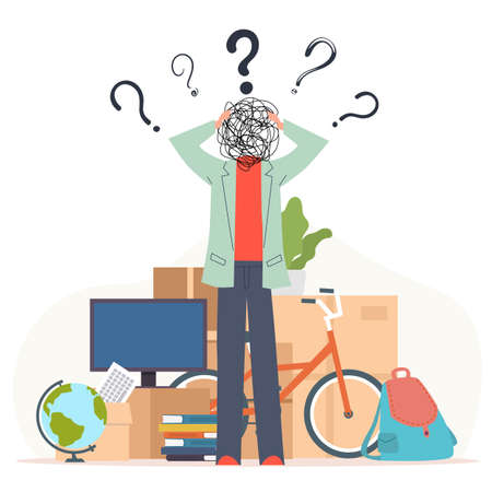 Confusion and misunderstanding concept. Stressed man worried about moving, boxes and things on background, relocation and unpacking. Tangled cords head and question signs vector illustrationのイラスト素材