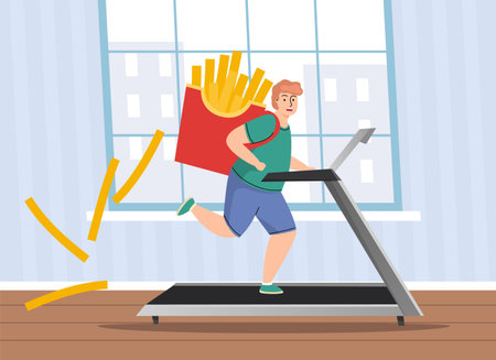 Losing accumulated weight from fast food. Obese man running on treadmill, fat boy training in gym for slimming. Sports motivation, body care, start healthy lifestyle, vector conceptのイラスト素材