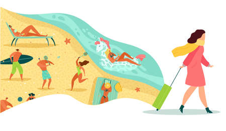 Memory of vacation. Happy woman with luggage, people on beach swimming and play summer games, tourists travelling tropical resort, holiday nostalgia vector cartoon isolated conceptのイラスト素材