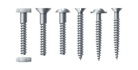 Bolt and screw. Realistic self-tapping. Metal nails with nut. Workshop assortment. Round or hexagon fastener caps. Isolated industrial construction hardware. Vector repair tools setのイラスト素材
