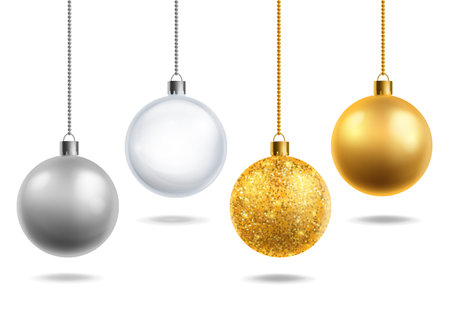 Christmas tree toys realistic. Transparent glass, silver and golden with glitter balls hang. Round xmas decor objects. Christmas decoration. Horizontal new year poster, vector 3d isolated setのイラスト素材