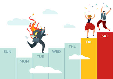 Working week and weekend plans. Calendar weekly chart with business occupation and holiday recreation. Running burnout worker and dancing people. Scheduling job and rest. Vector conceptのイラスト素材