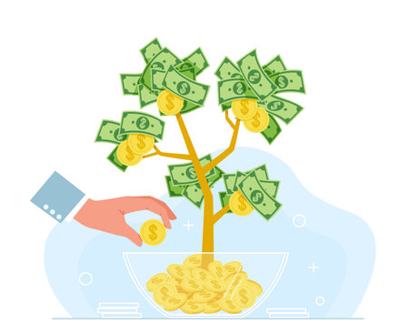 Business hands money. Growing tree and hand with golden flowers coins and dollar cash, successful investment and cash profit, multiplication strategy, wealth and success, vector conceptのイラスト素材