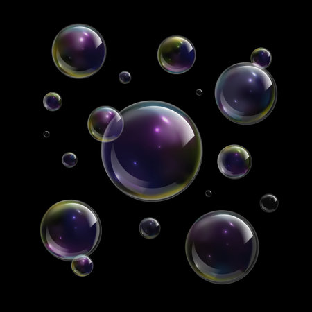 Bubbles soap. Foam abstract bubble shampoo background, clear soap rainbow balls, wash bubbling shiny...