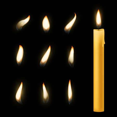 Flame candle. Holiday romantic wax burning natural color candles, warm fire light close-up wick for animation picture, spa or christmas dinner decoration. Vector 3d isolated on black setのイラスト素材