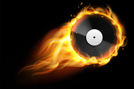 Burning vinyl record. Realistic analog audio disc with fire trace. Retro musical album. Disco party background. DJ music. Flaming multimedia equipment template. Vector entertainment conceptのイラスト素材