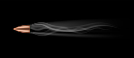 Bullet realistic. Flying bullet with smoke traces. Dangerous shooting handgun firearm. Copper or gold colored shots. 3D single object, military shoot vector illustrationのイラスト素材