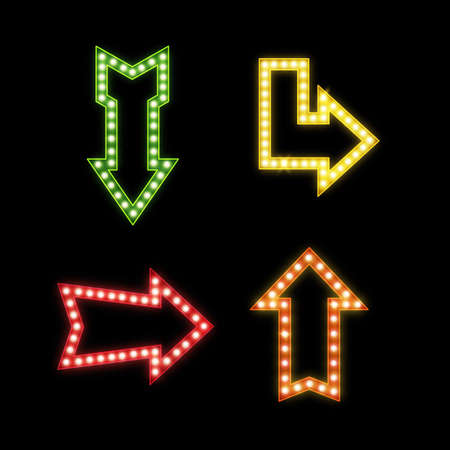 Realistic signs with lamps. Retro illuminated pointers. Glowing symbols of different forms. Bright bar or nightclub advertising electric signboard. Vector contour arrow billboards setのイラスト素材