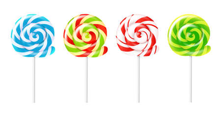 Spiral lollipops. Realistic different colors round candies, sucking sweets, swirling striped caramel on stick, sugar kids dessert, fruit confectionery vector transparent on white setのイラスト素材