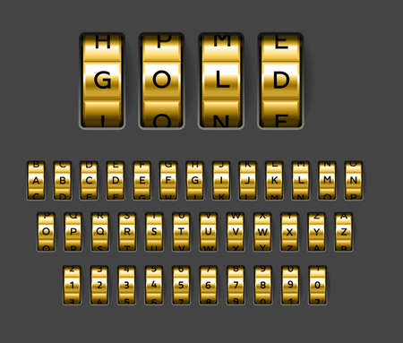 Gold locks combination. Realistic rotating secret unlock code font. Banking security metallic alphabet. Spinning wheels with letters and numbers. Vector safe protection elements setのイラスト素材