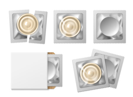 Packaging condoms. Realistic latex contraception flesh color, foil square bags and white cardboard box mockup, natural color anti pregnancy remedy, protected sex, vector 3d isolated setのイラスト素材