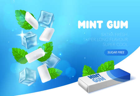 Mint chewing gum. Peppermint bubblegum pads. Realistic advertising banner template. Herbal fresh taste candies for oral health and hygiene. Vector poster with spearmint leaves and iceのイラスト素材