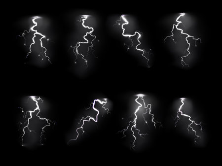 Lightning realistic. Electricity thunderstorm, night sky blitz flash thunder light sparks. Different forms rain weather objects, electricity and explosion symbol vector isolated realistic setのイラスト素材