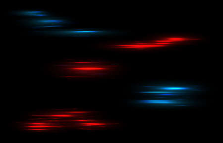 Stripes light. Blue and red shiny neon lines, data connection futuristic abstract flash. Car fast motion trail effect, laser stream, night power tails vector isolated realistic setのイラスト素材