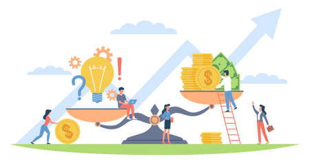 Scales concept. Money and idea aspiration to balance, bulb symbol and stack of coins and cash, investing in ideas, financial injections in new project, vector cartoon flat isolated conceptのイラスト素材