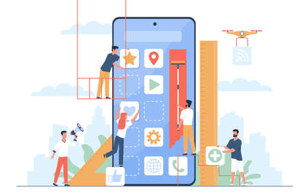 Mobile application build. UI designers and programmers group create new phone software, digital developers, app construction, huge smartphone and little people, vector isolated conceptのイラスト素材