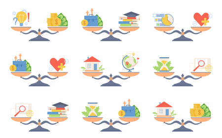 Scales choice balance. Different life values equality, metaphorical comparison, weighing lifestyle options, thing juxtaposition, health and education, time and money, vector isolated setのイラスト素材