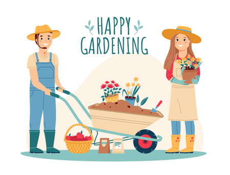 Gardeners with tools. Family couple garden workers, happy man and woman, wheelbarrow with earth and flower seedlings, apple harvest, outdoors hobby, vector cartoon flat isolated conceptのイラスト素材