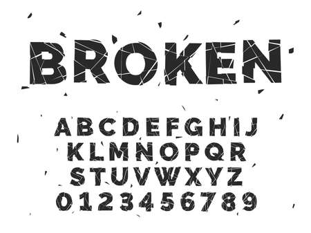 Broken alphabet. Crash font, capital latin letters and numbers, crack style english abc, smashed fragments, text design, chopped type, glass or ice pieces, black silhouette vector isolated setのイラスト素材