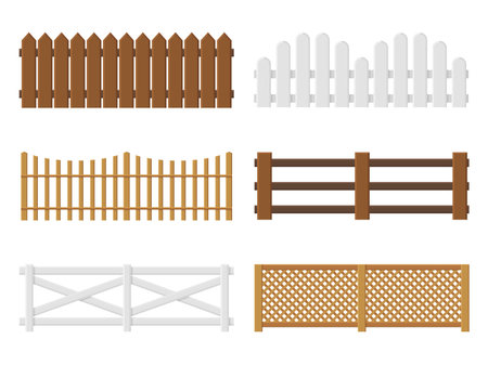 Wooden fences. Flat farm barriers and border walls. Country planks fencing templates. Different types yard railings. Ranch enclosures. Garden protection elements. Vector boundaries setのイラスト素材