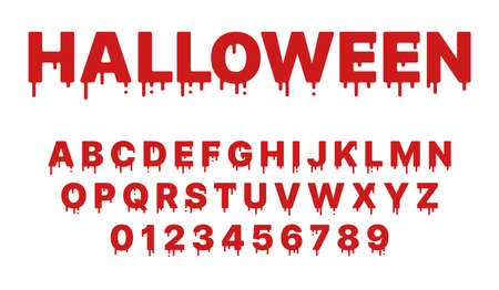 Blood halloween font. Red paint liquid, flowing english alphabet with drops and drips, grunge latin letters and numbers, fluid typography, horror mystery lettering. Vector isolated setのイラスト素材