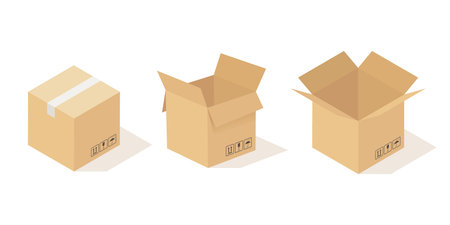 Boxes carton. Opened and closed cardboard box, beige delivery packaging angle view. Cardboard square pack cargo warehouse product container. Empty parcel in row vector isolated setのイラスト素材