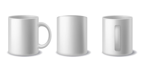Mugs white. Realistic ceramic cups from different sides. Coffee or tea 3d blank dishware mockup, hot beverage empty utensil, advertise and presentation template, vector isolated setのイラスト素材