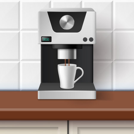 Realistic coffee machine. Household appliance pours caffeine drink into ceramic mug. Automatic espresso maker on kitchen table. Electronic equipment for cappuccino preparing. Vector conceptのイラスト素材
