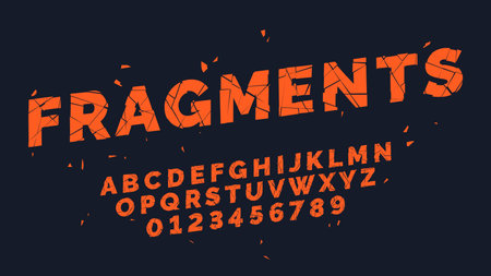 Fragments font. Broken oblique alphabet, capital latin letters and numbers typography, red divided text, cracked typeface, break glass design, chopped typeface, vector flat isolated setのイラスト素材
