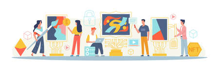 Crypto art. Web culture, collectors at auction, non fungible tokens exhibition, NFT digital store, cryptography marketplace, artists and customers, horizontal banner vector conceptのイラスト素材