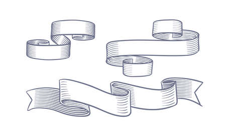 Ribbon banners. Vintage decorative hand drawn heraldic ribbons. Empty white paper wavy elegance tape with curved corners, blank decor antique swirl flags collection. Vector isolated setのイラスト素材