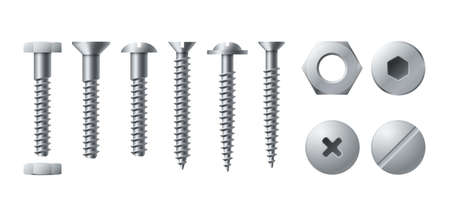 Screws metal. Bolt screw nut rivet. Realistic self-tapping bolts isolated. Workshop assortment template, round or hexagon fastener caps, industrial construction hardware, vector setのイラスト素材