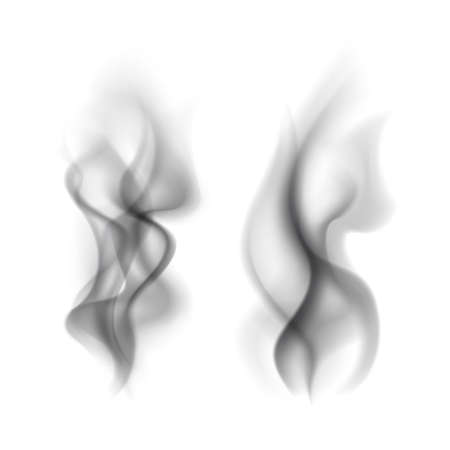 Smoke black. Transparent smoking clouds steam, cigarette or hookah vapor steaming curved texture isolated on white. Tea and coffee hot cup, fog mist or smog weather element, vector setのイラスト素材