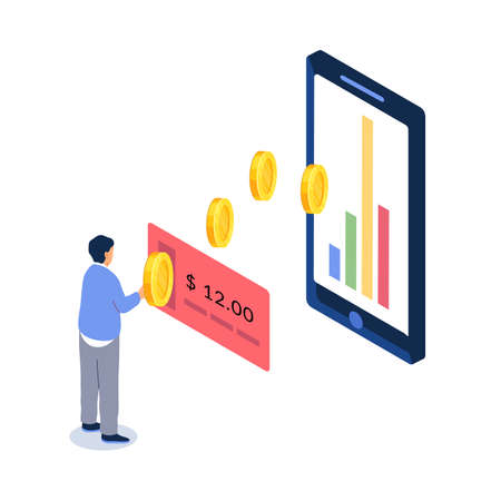 Adding funds account. Man transfers money to bank deposit. Digital payment. Financial transactions. Person puts coins in mobile electronic wallet. Banking application. Vector conceptのイラスト素材