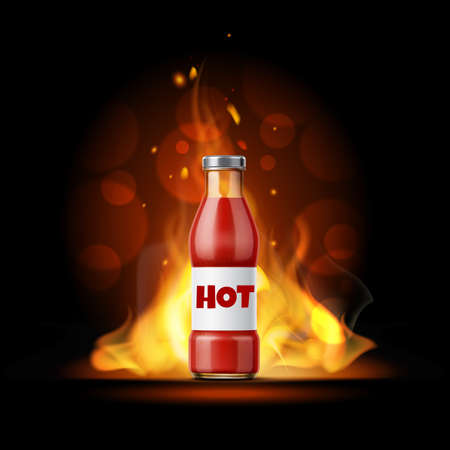 Burning hot sauce. Realistic spicy ketchup banner. Flaming condiment bottle. Chili food dressing advertising poster template. Fire and pepper seasoning glass packaging. Vector conceptのイラスト素材