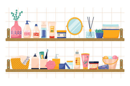 Bathroom cosmetics shelves. Body, skin and hair cares accessories, beauty products, cream cute jars, shampoo and shower gel bottles, cozy interior elements, vector isolated illustrationのイラスト素材